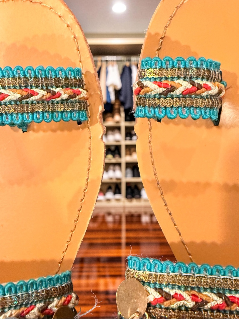 Embellished Orange Slide Sandals with Multicolor Trim - Picture 5 of 7